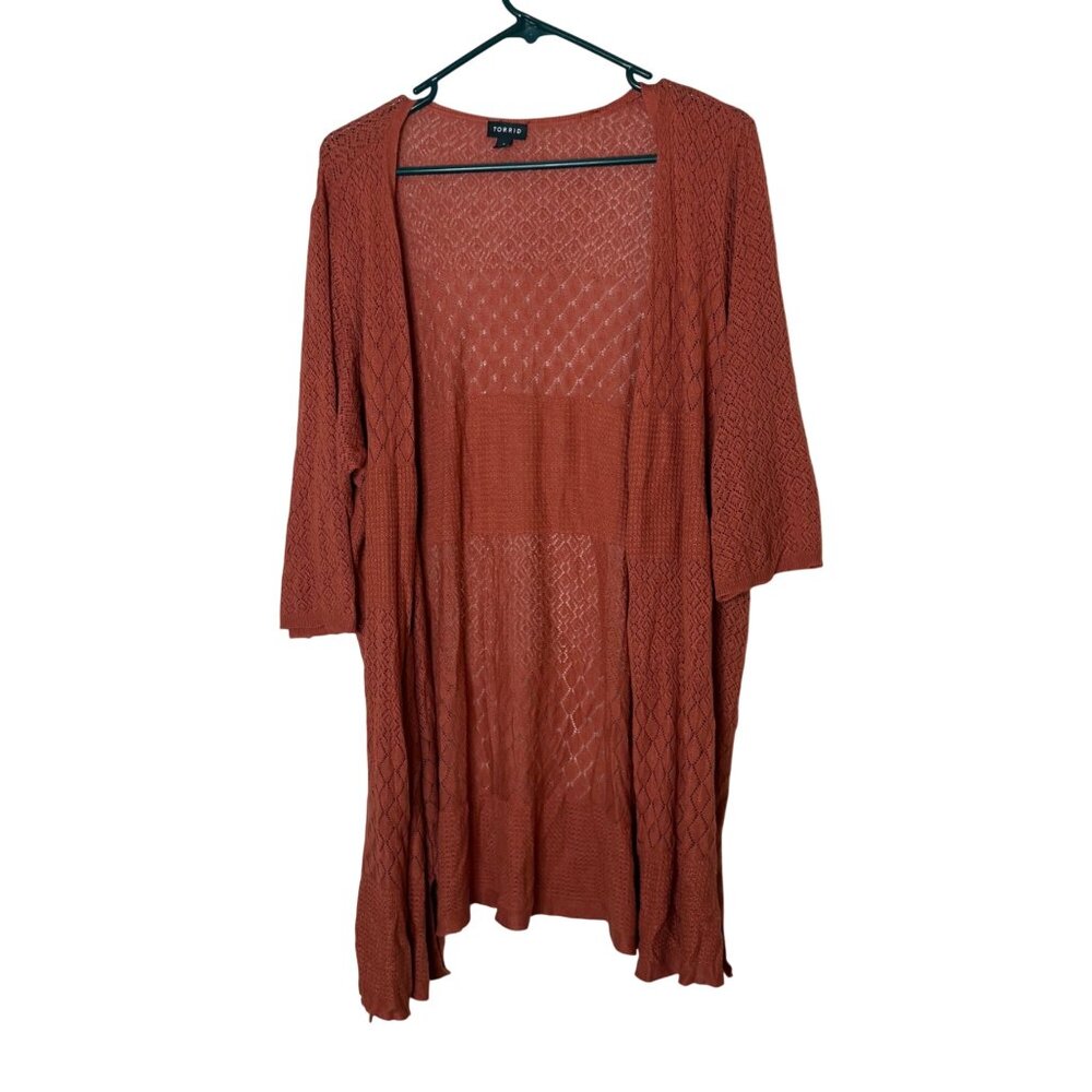 Torrid Long Open Cardigan 3X Rust Orange Sheer Knit Lightweight Short Sleeve - Picture 2 of 6